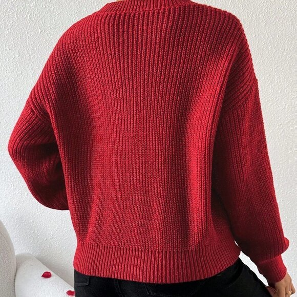 Red Casual Womens Love Heart Patchwork Drop Shoulder Sweater - Picture 2 of 5